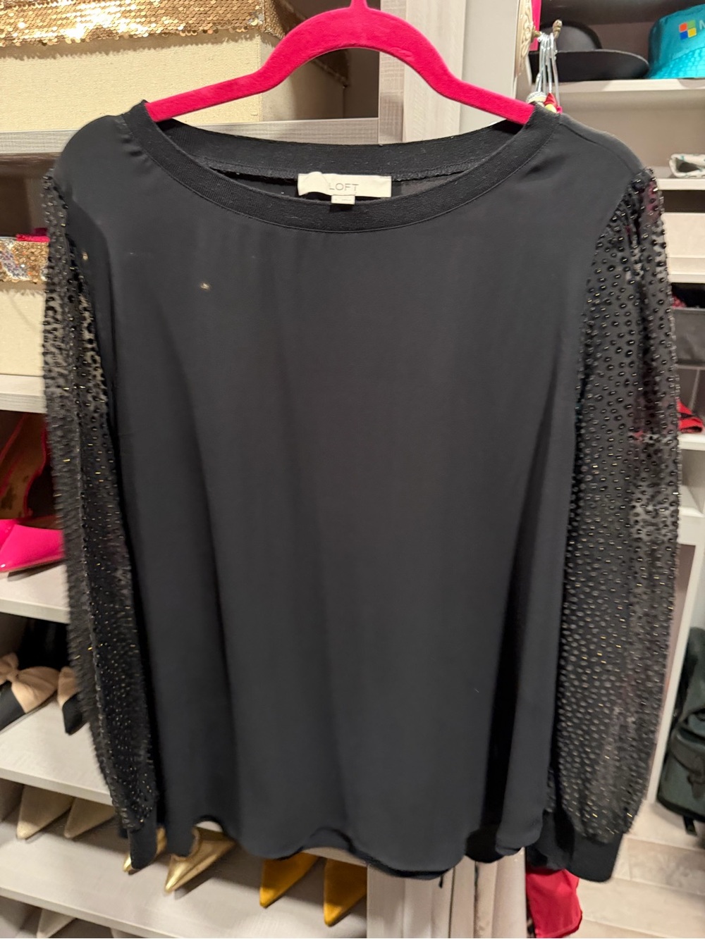 LOFT Black Long Sleeve Top with Beaded Sheer Sleeves